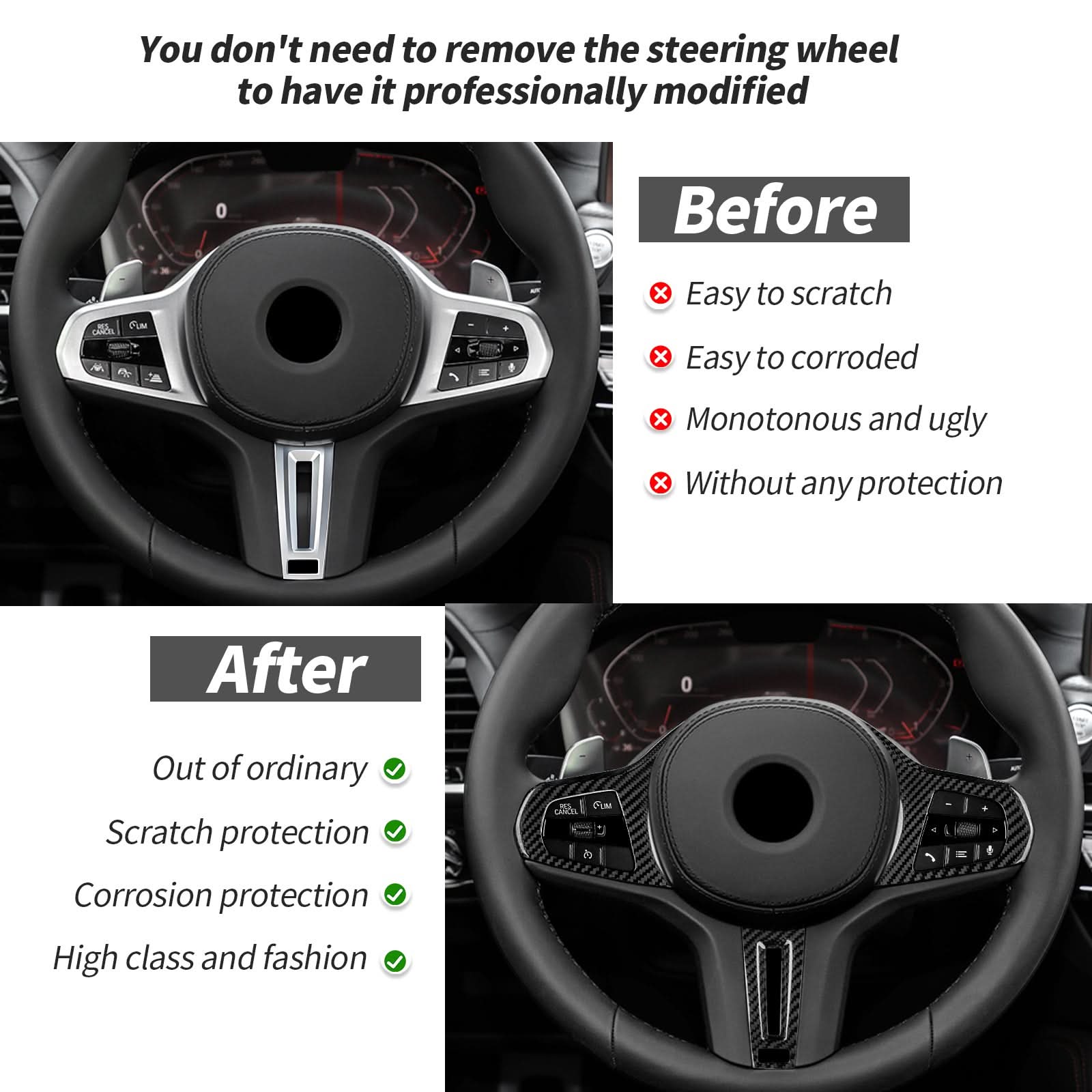 T-carbon Real Carbon Fiber Steering Wheel Frame Cover Trim Fits for BMW